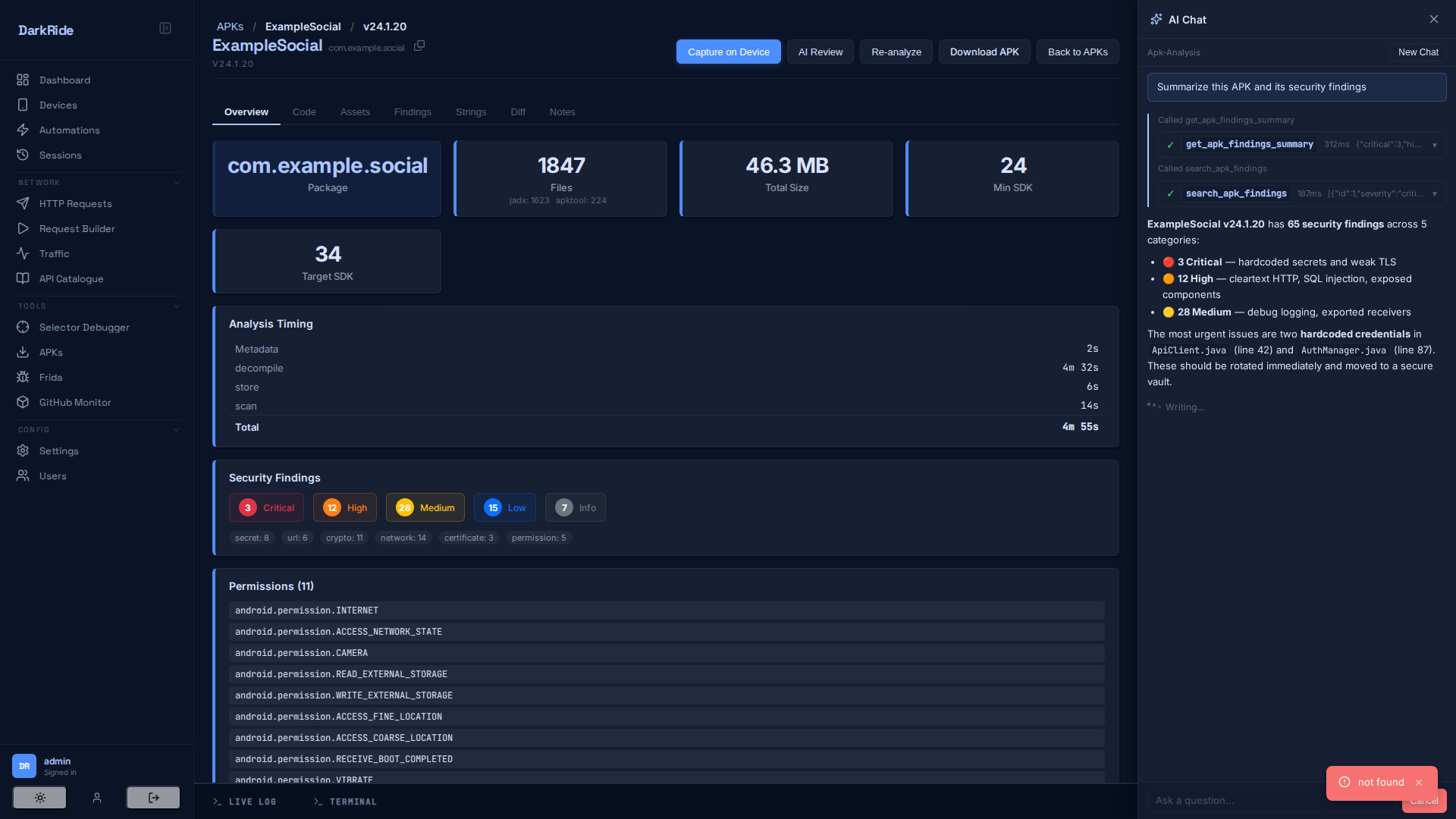 DarkRide AI chat drawer open over the APK analysis page, showing tool calls